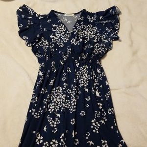 Steel blue dress with flutter sleeve and smocking